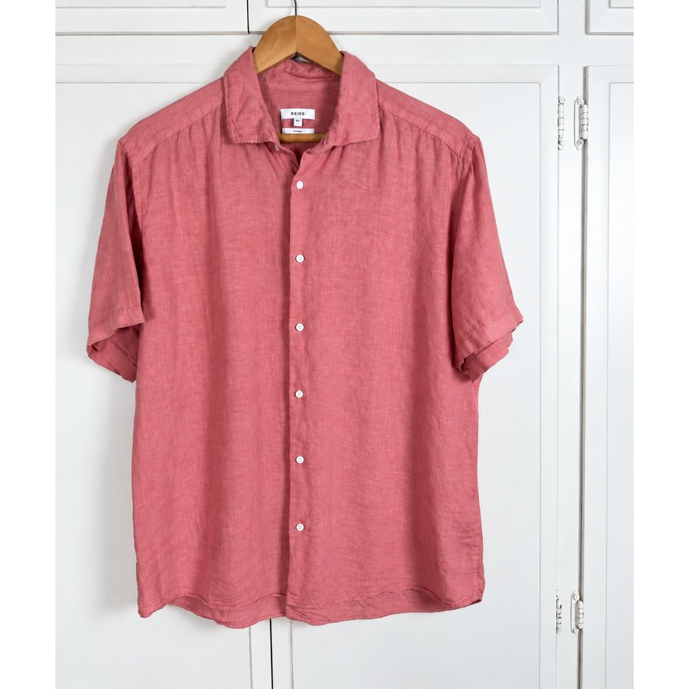 Reiss Perry Mens XL Slim Fit Linen Short Sleeve Button Down Shirt Coral Pink